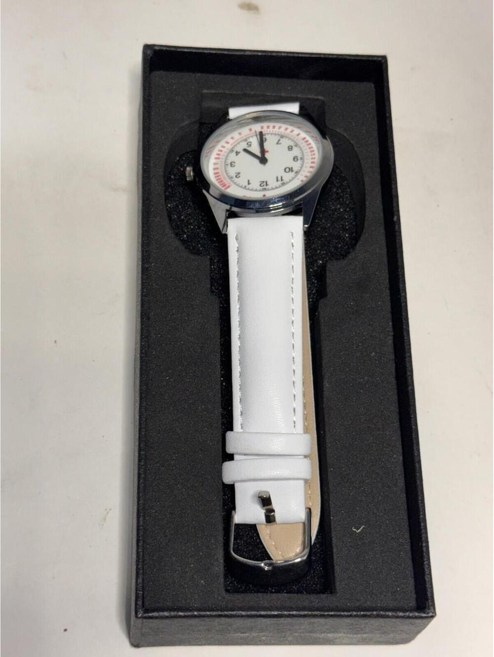 Nurse Pulsometer Watch White Leather Band Medical Pulse Dial Unworn Needs Bat